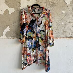 Boho Floral Shirt Dress Womens M Abstract Art 100% Viscose Coastal European Luxe